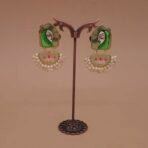 Handmade Brass Earrings with Hand-Painted Enamel Monalisa Stone, Lotus Motif & Pearls