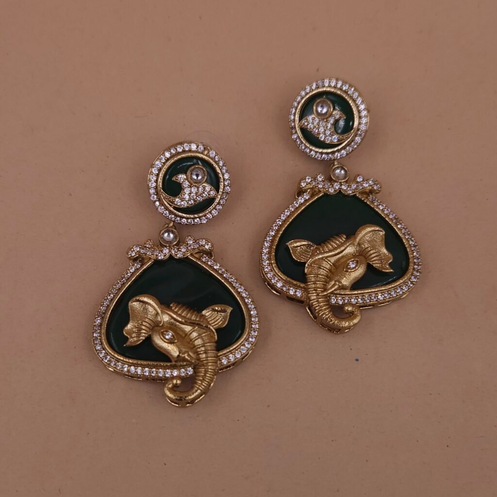 Handmade Brass Ganesha Motif Monalisa Dangler Earrings - Anti-Tarnish