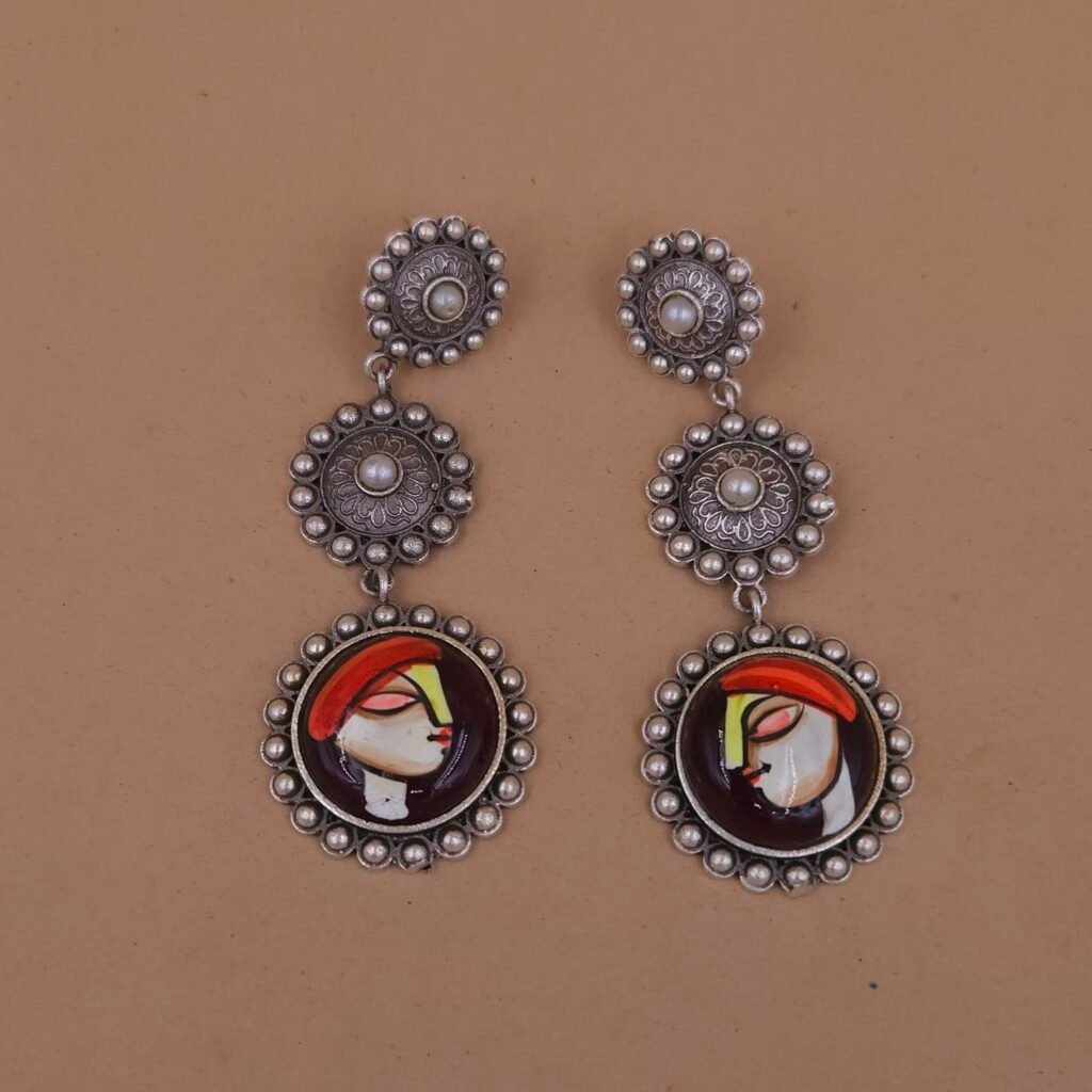 Handmade Brass Monalisa Hand-Painted Art Dangler Earrings - Anti-Tarnish