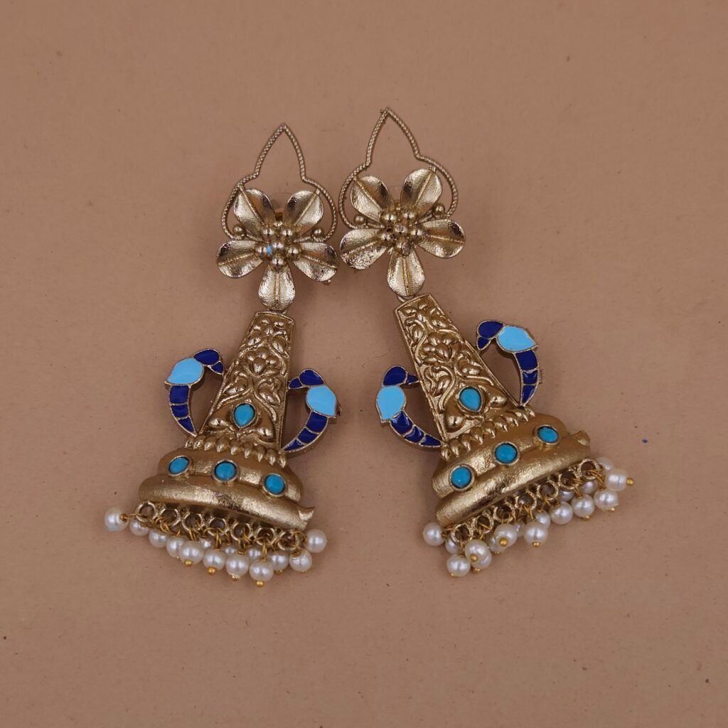 Handmade Brass Floral Temple Dangler Earrings - Anti-Tarnish