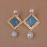 Handmade Brass Geometric Monalisa Stone & Pearl Drop Earrings - Anti-Tarnish
