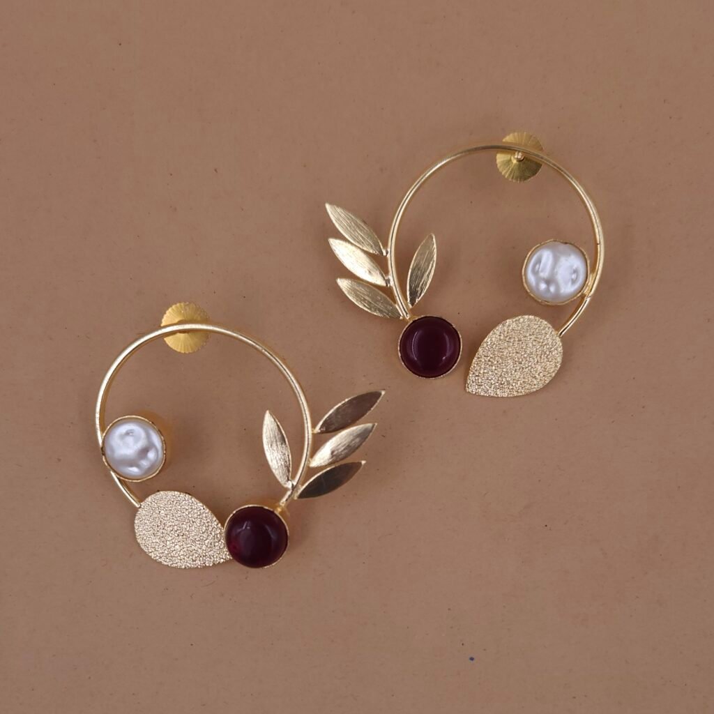 Handmade Brass Botanical Monalisa Stone & Pearl Hoop Earrings - Anti-Tarnish