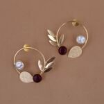 Handmade Brass Botanical Monalisa Stone & Pearl Hoop Earrings - Anti-Tarnish