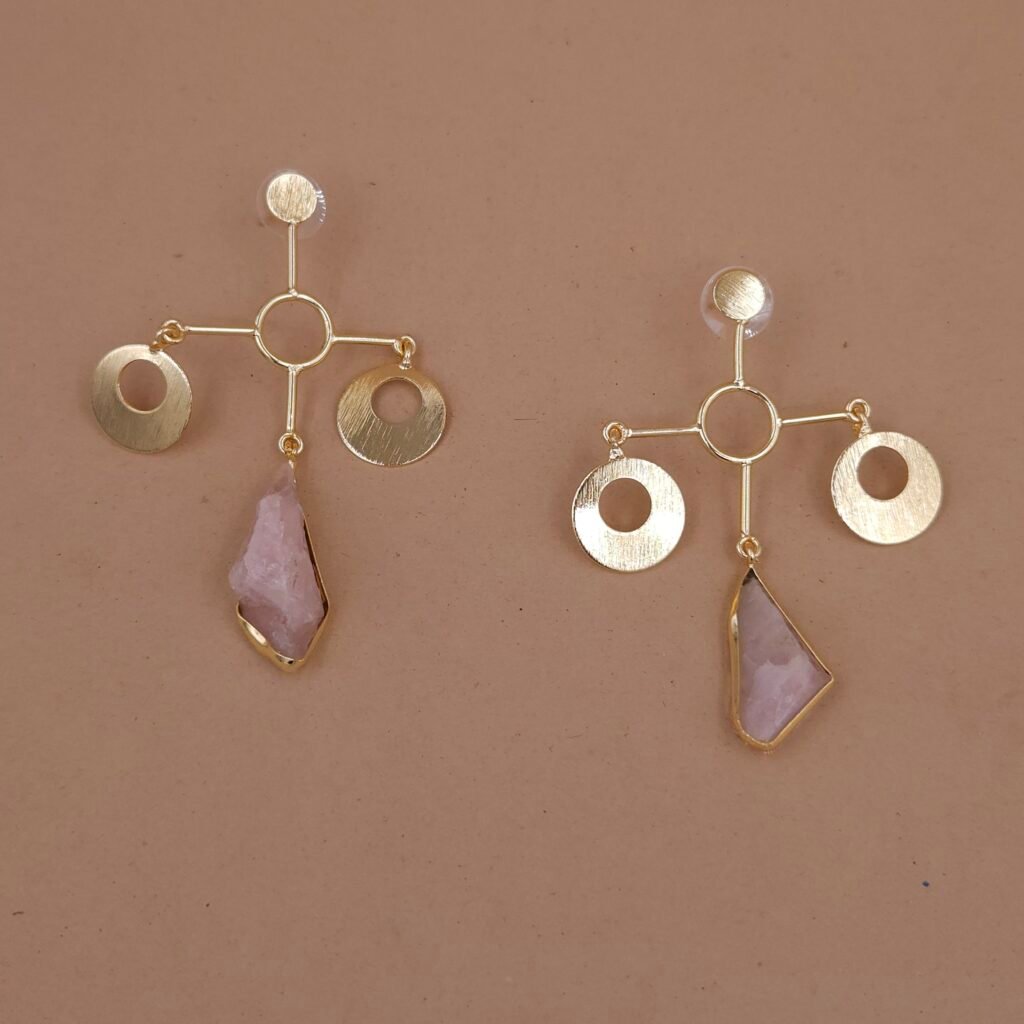 Handmade Brass Geometric Raw Rose Quartz Earrings - Anti-Tarnish