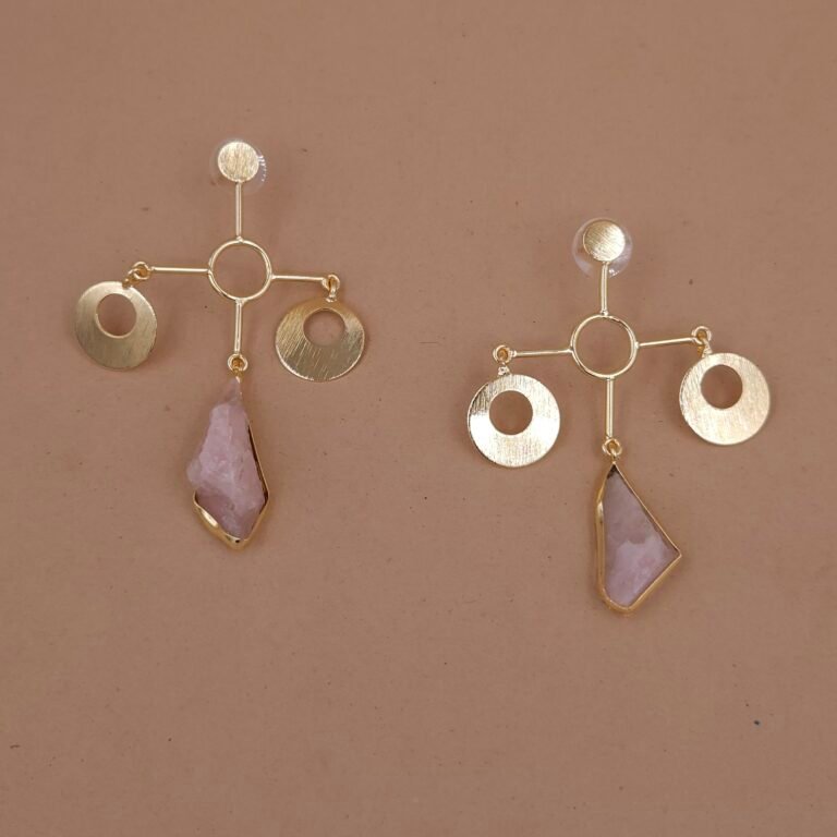 Handmade Brass Geometric Raw Rose Quartz Earrings - Anti-Tarnish