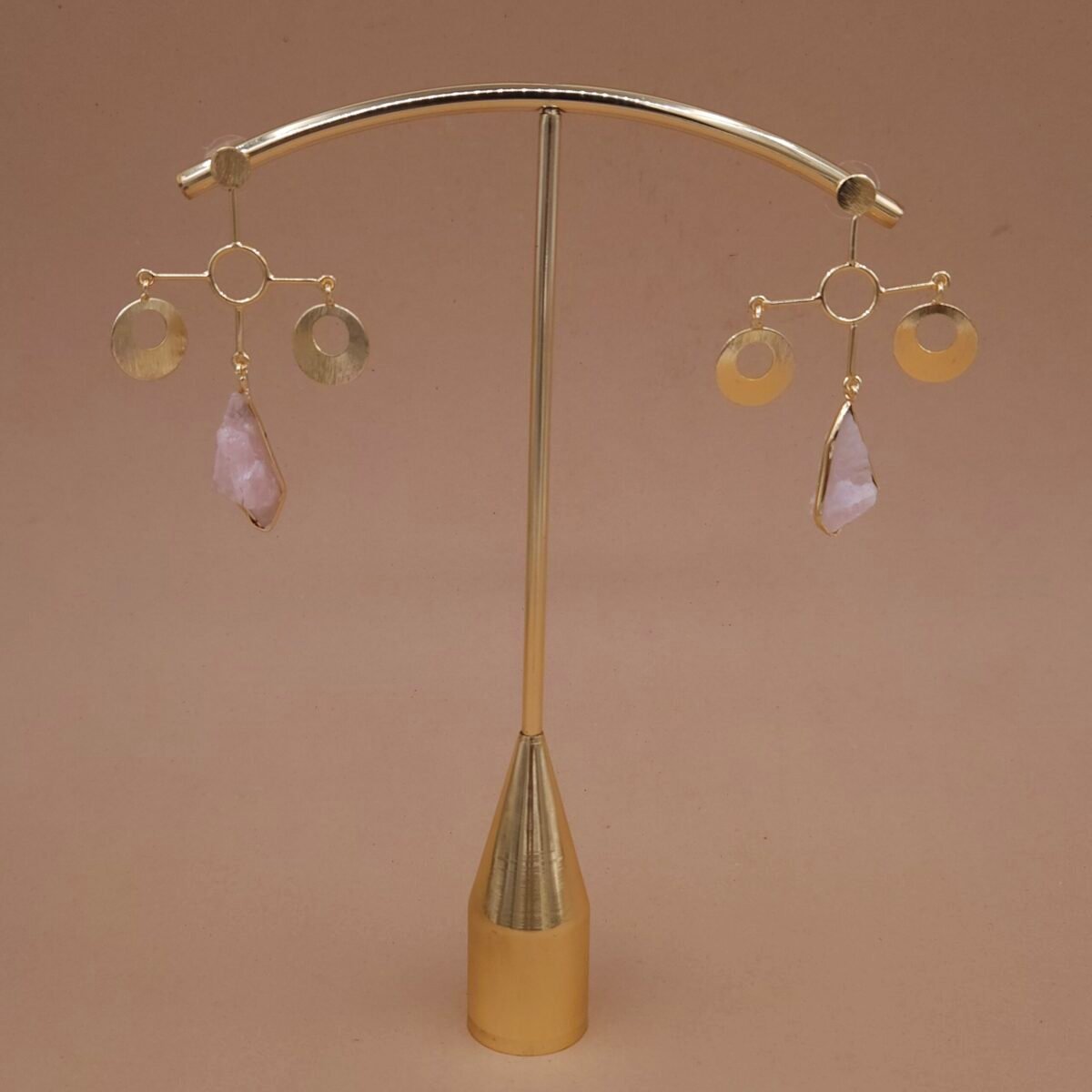 Handmade Brass Geometric Raw Rose Quartz Earrings - Anti-Tarnish