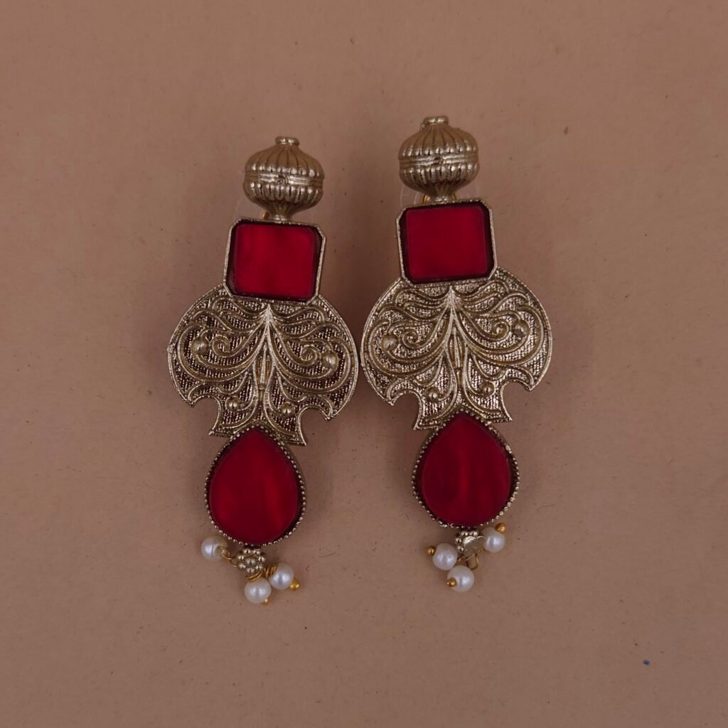 Handmade Brass Red Monalisa Antique Drop Earrings - Anti-Tarnish