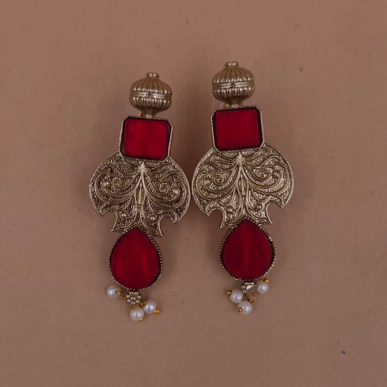 Handmade Brass Red Monalisa Antique Drop Earrings - Anti-Tarnish