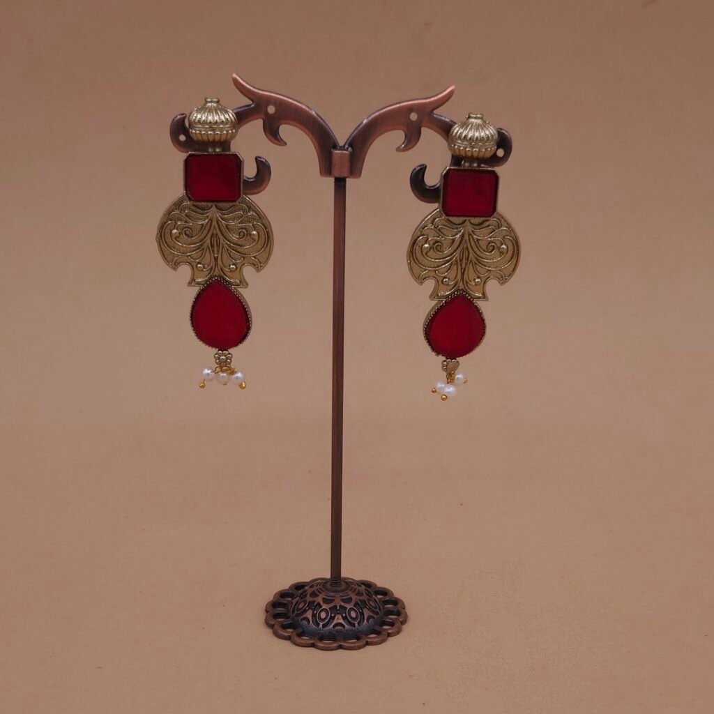 Handmade Brass Red Monalisa Antique Drop Earrings - Anti-Tarnish