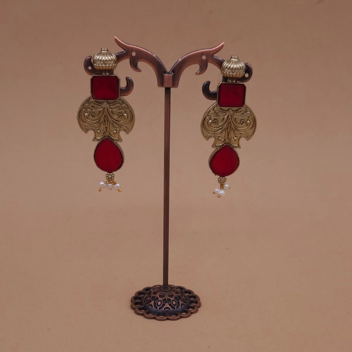 Handmade Brass Red Monalisa Antique Drop Earrings - Anti-Tarnish