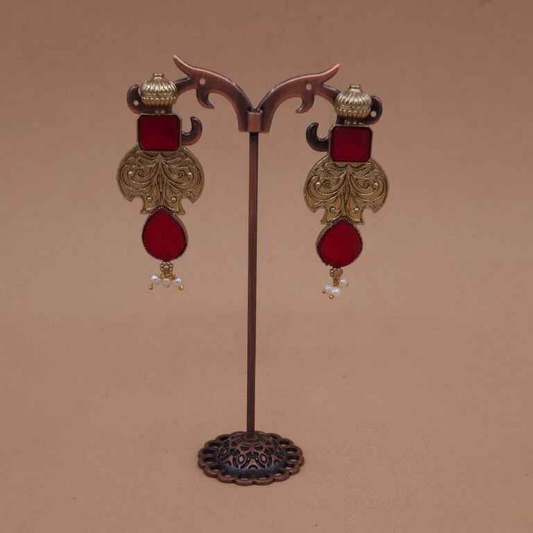 Handmade Brass Red Monalisa Antique Drop Earrings - Anti-Tarnish