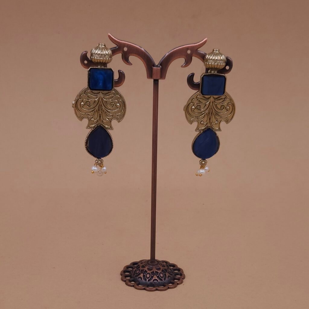 Handmade Brass Blue Monalisa Antique Drop Earrings - Anti-Tarnish