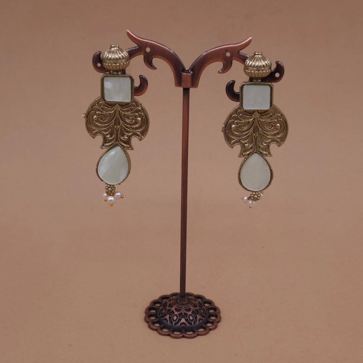 Handmade Brass White Monalisa Antique Drop Earrings - Anti-Tarnish