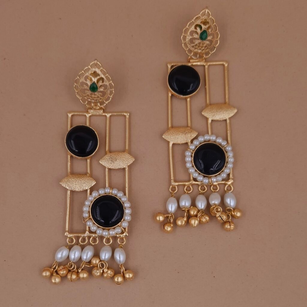 Handmade Brass Monalisa Stone Geometric Black Pearl Drop Earrings - Anti-Tarnish
