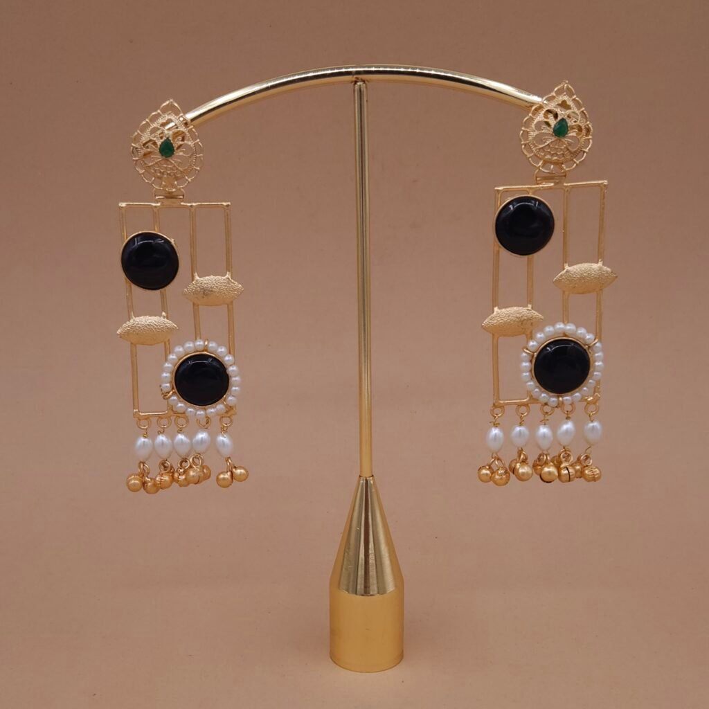 Handmade Brass Monalisa Stone Geometric Black Pearl Drop Earrings - Anti-Tarnish
