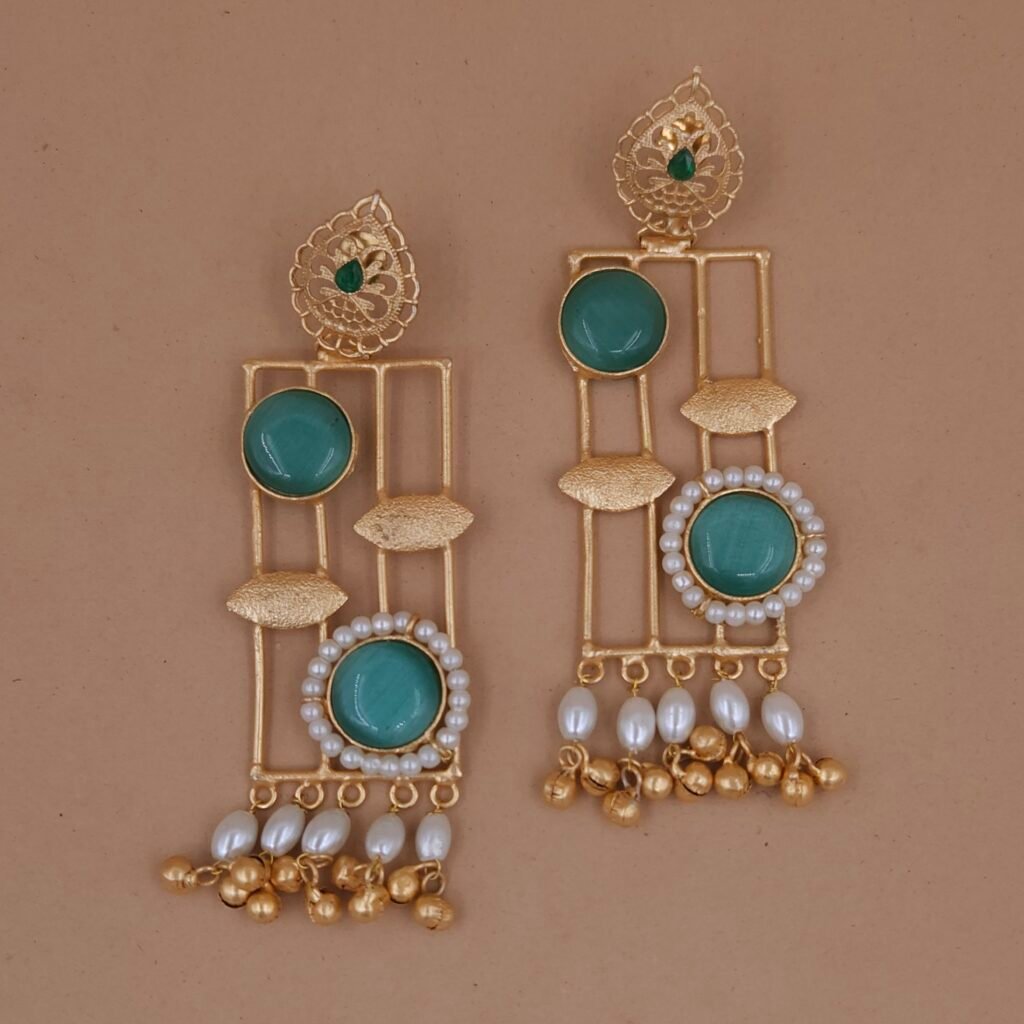 Handmade Brass Monalisa Stone Geometric Pearl Drop Earrings - Anti-Tarnish