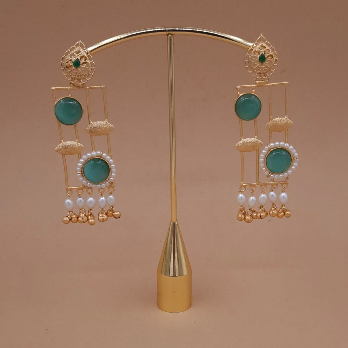 Handmade Brass Monalisa Stone Geometric Pearl Drop Earrings - Anti-Tarnish