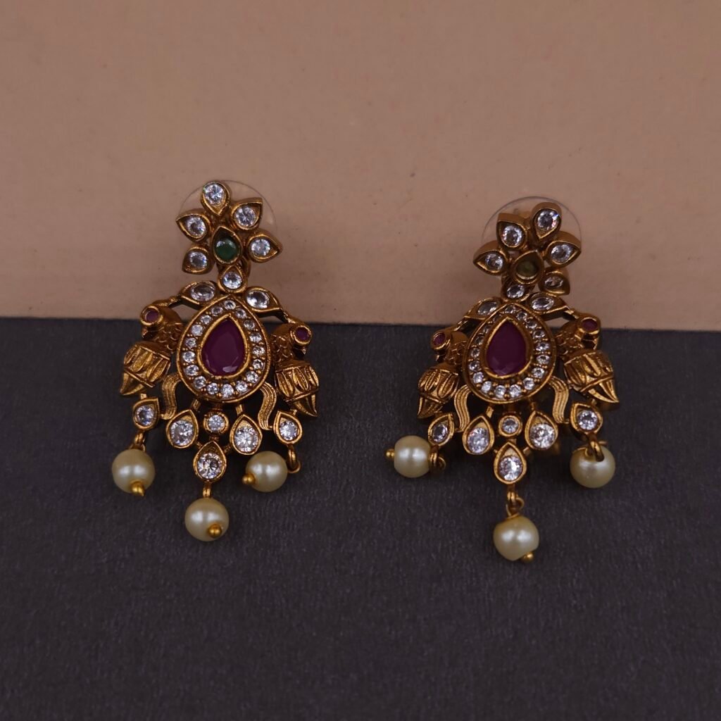 Handmade Brass Peacock Kundan CZ Pearl Drop Earrings - Anti-Tarnish