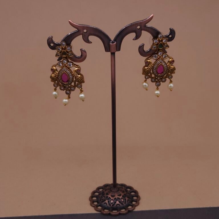 Handmade Brass Peacock Kundan CZ Pearl Drop Earrings - Anti-Tarnish