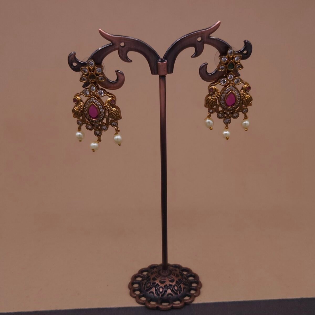 Handmade Brass Peacock Kundan CZ Pearl Drop Earrings - Anti-Tarnish
