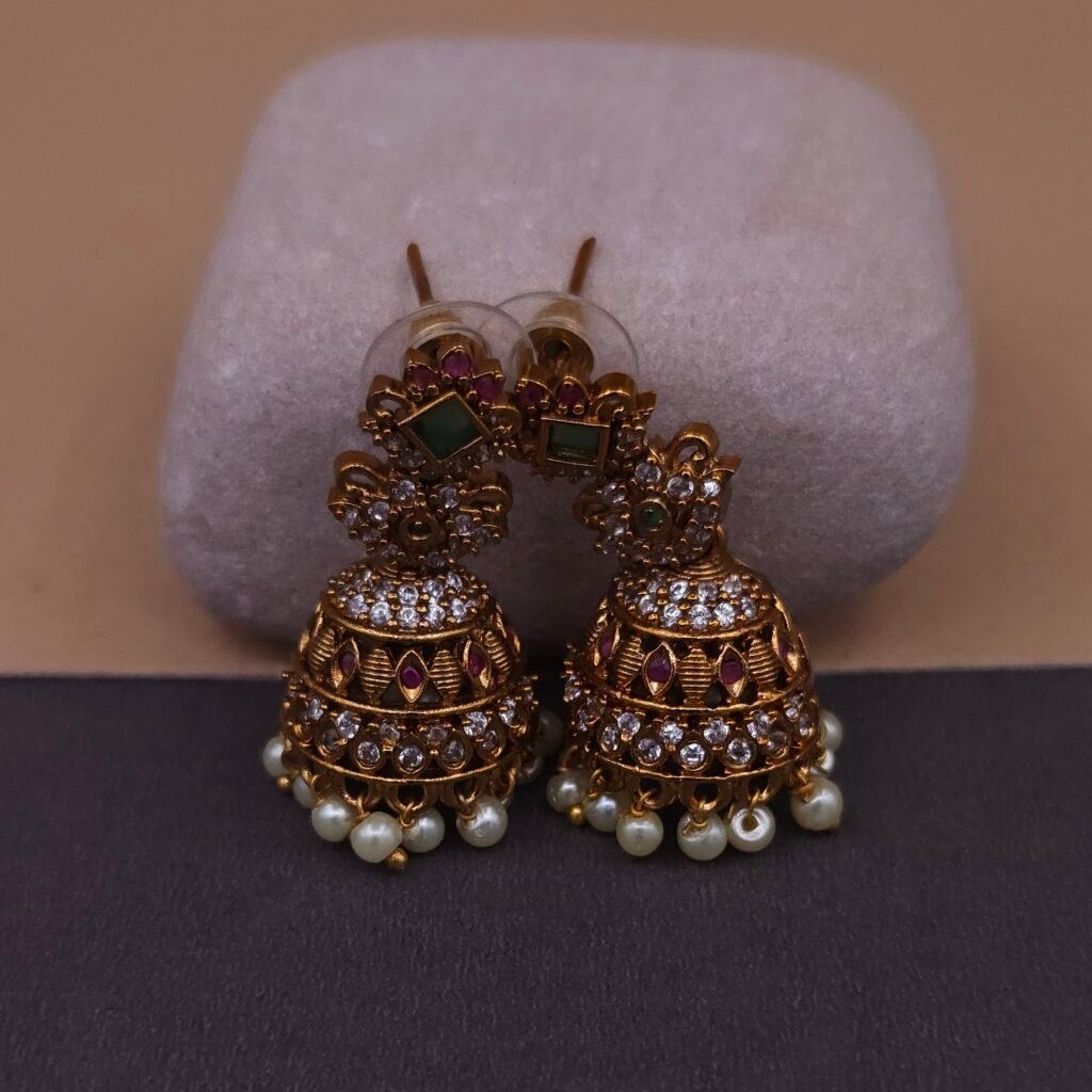 Handmade Brass Green Kundan Square Motif Jhumka Earrings - Anti-Tarnish