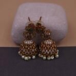 Handmade Brass Green Kundan Square Motif Jhumka Earrings - Anti-Tarnish