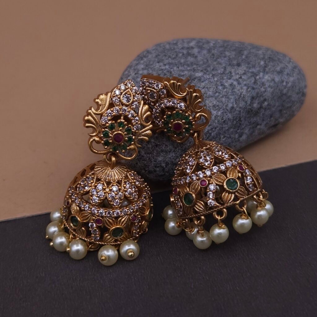 Handmade Brass Temple Kundan CZ Jhumka Earrings - Anti-Tarnish