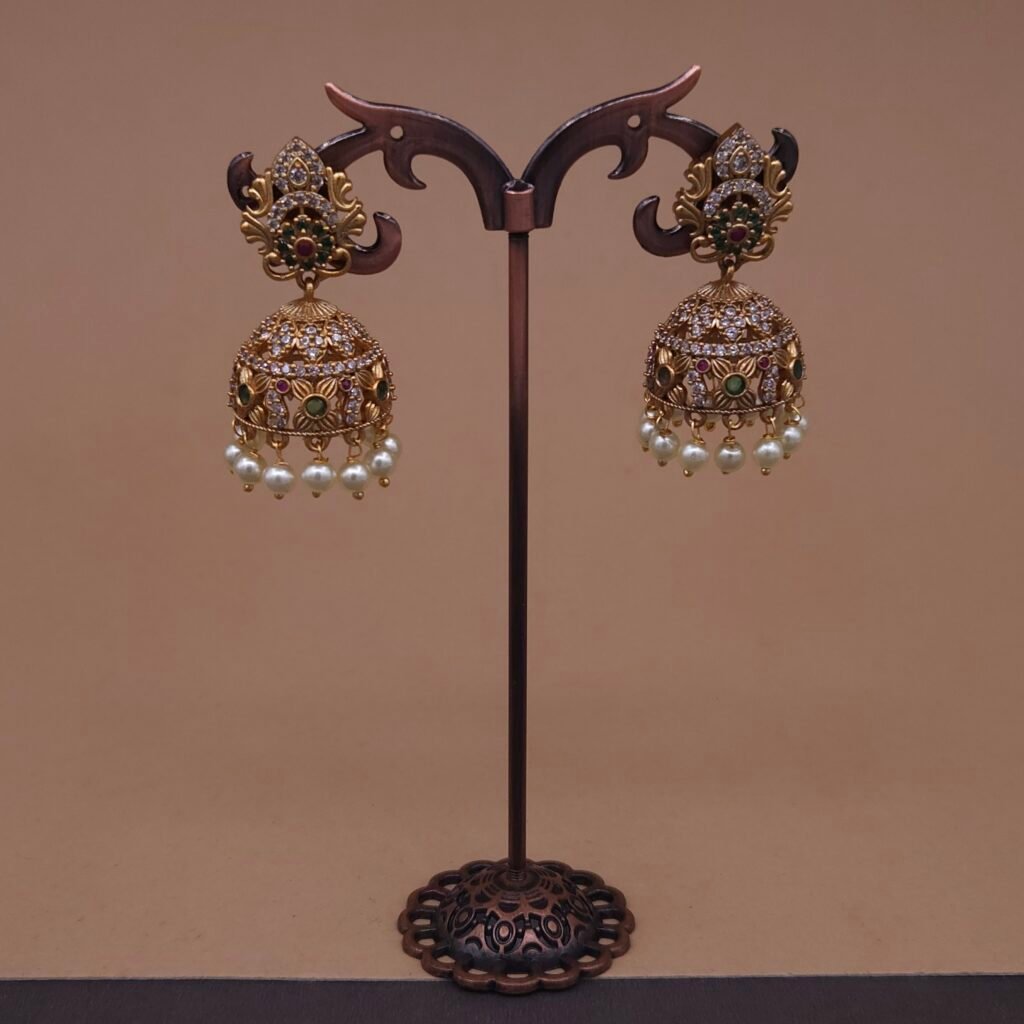 Handmade Brass Temple Kundan CZ Jhumka Earrings - Anti-Tarnish