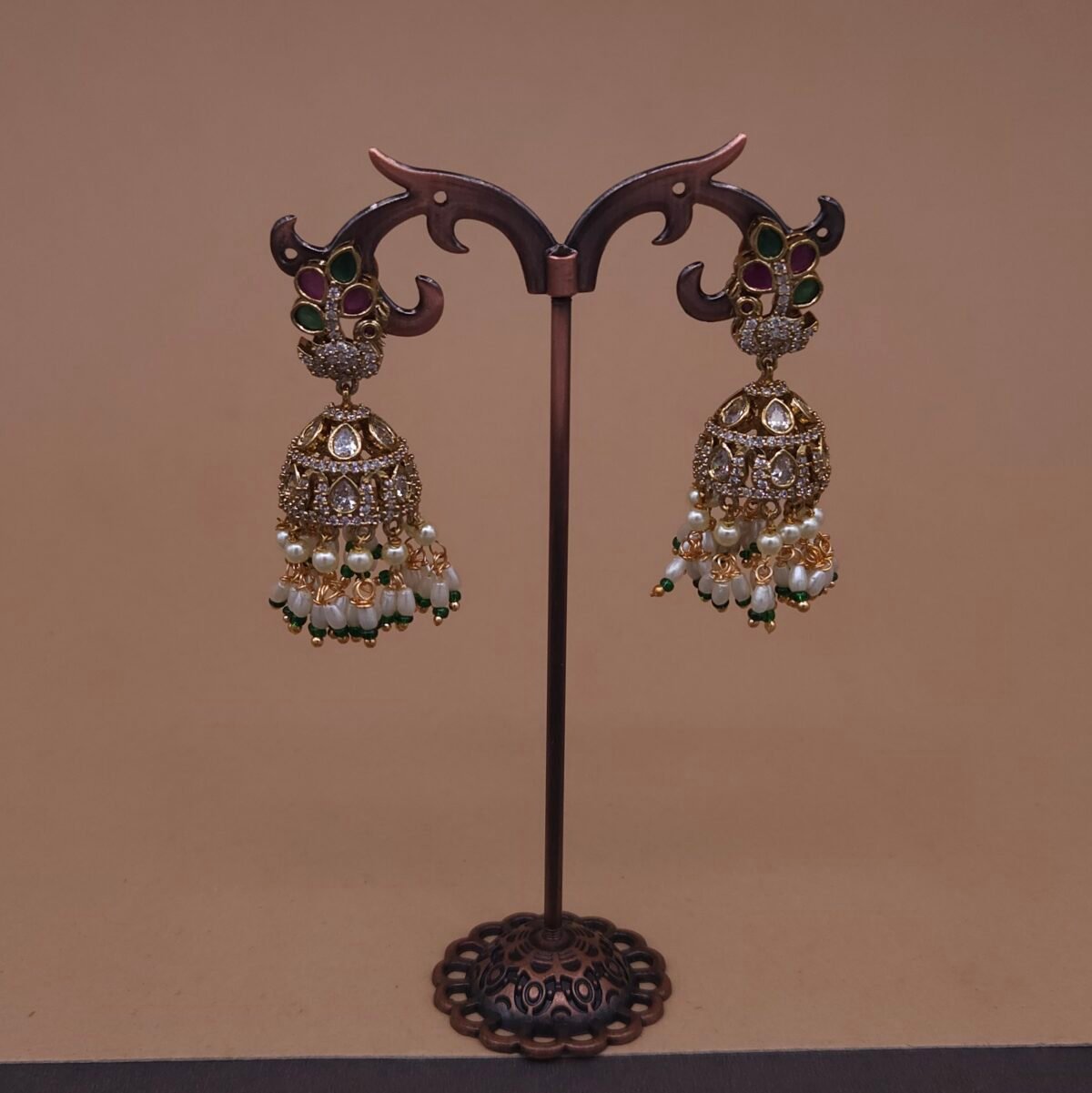 Handmade Brass Peacock Kundan Pearl Cluster Jhumka Earrings - Anti-Tarnish