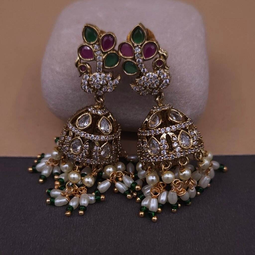 Handmade Brass Peacock Kundan Pearl Cluster Jhumka Earrings - Anti-Tarnish