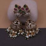 Handmade Brass Peacock Kundan Pearl Cluster Jhumka Earrings - Anti-Tarnish