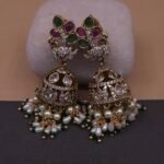 Handmade Brass Peacock Kundan Pearl Cluster Jhumka Earrings - Anti-Tarnish