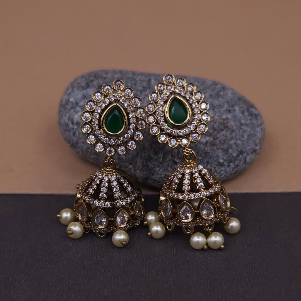 Handmade Brass Green Kundan Pearl Jhumka Earrings - Anti-Tarnish