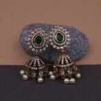 Handmade Brass Green Kundan Pearl Jhumka Earrings - Anti-Tarnish
