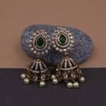 Handmade Brass Green Kundan Pearl Jhumka Earrings - Anti-Tarnish