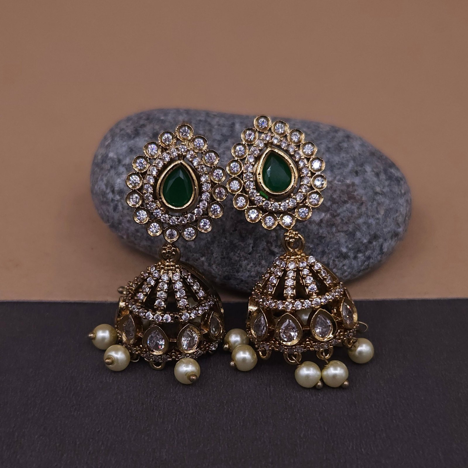 Handmade Brass Green Kundan Pearl Jhumka Earrings - Anti-Tarnish Handmade Brass Green Kundan Pearl Jhumka Earrings - Anti-Tarnish