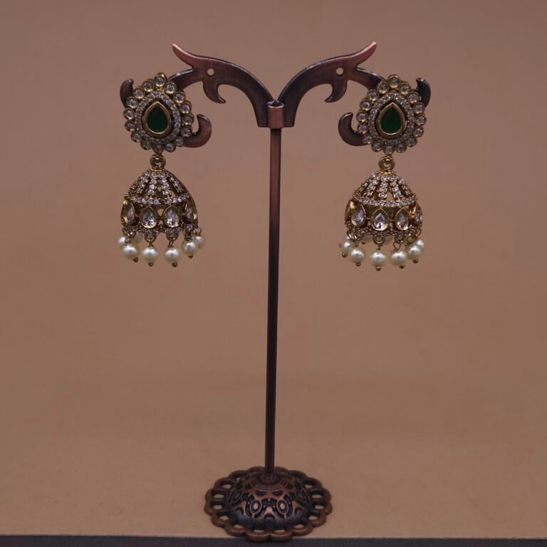 Handmade Brass Green Kundan Pearl Jhumka Earrings - Anti-Tarnish