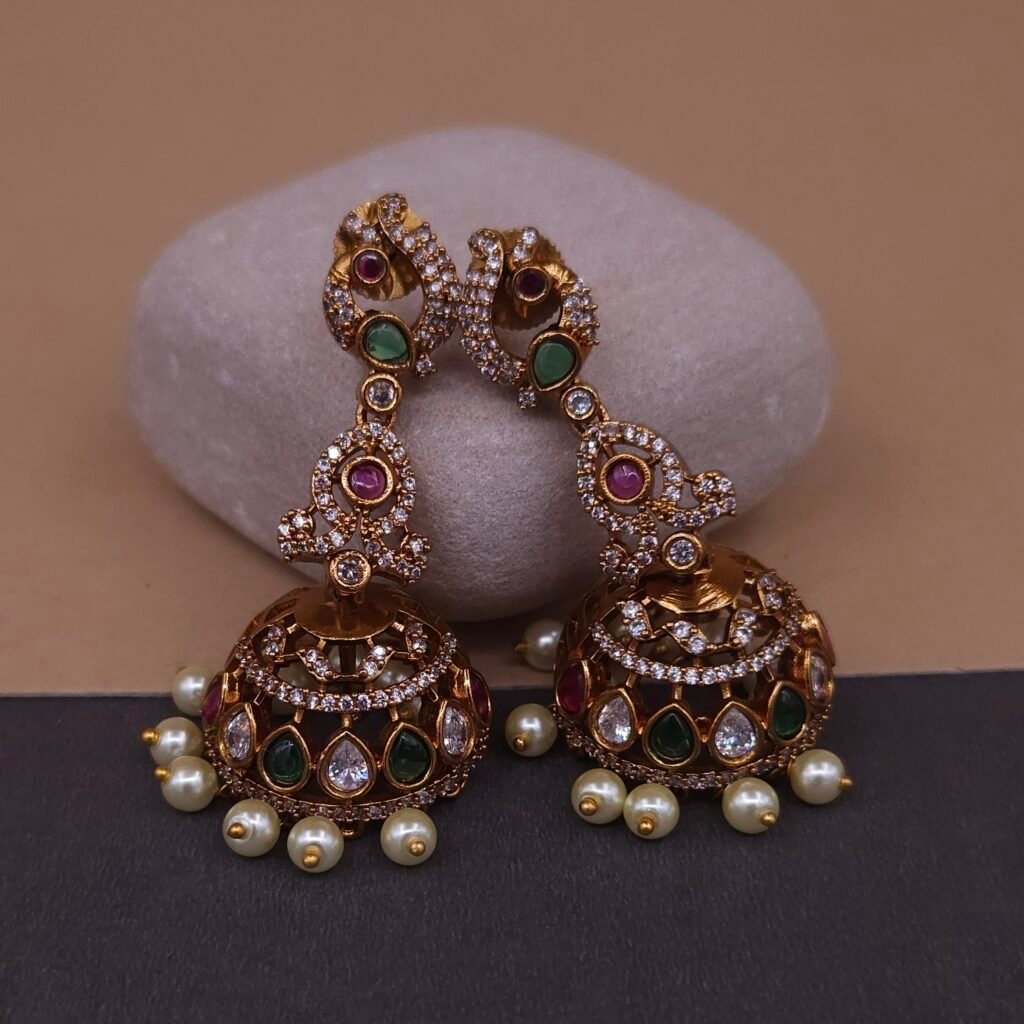 Handmade Brass Peacock Kundan Jhumka Earrings - Anti-Tarnish