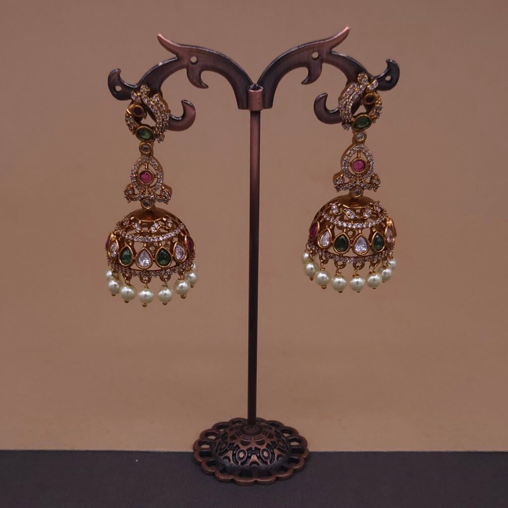 Handmade Brass Peacock Kundan Jhumka Earrings - Anti-Tarnish