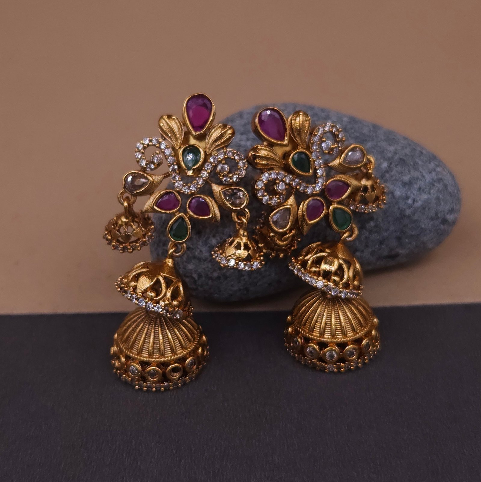 Handmade Brass Kundan Chandelier Jhumka Earrings - Anti-Tarnish Handmade Brass Kundan Chandelier Jhumka Earrings - Anti-Tarnish