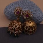 Handmade Brass Ruby Green Floral Jhumka Earrings - Anti-Tarnish