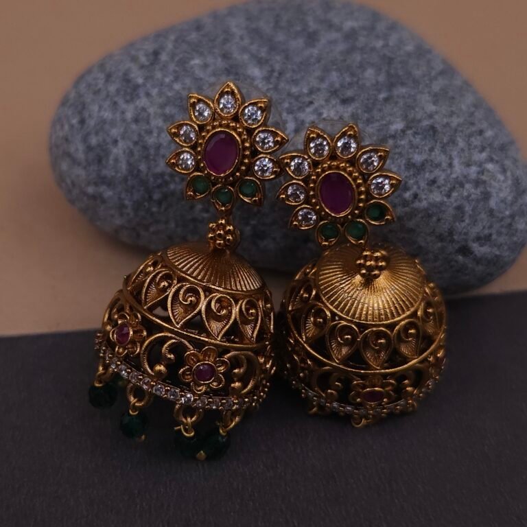 Handmade Brass Ruby Green Floral Jhumka Earrings - Anti-Tarnish