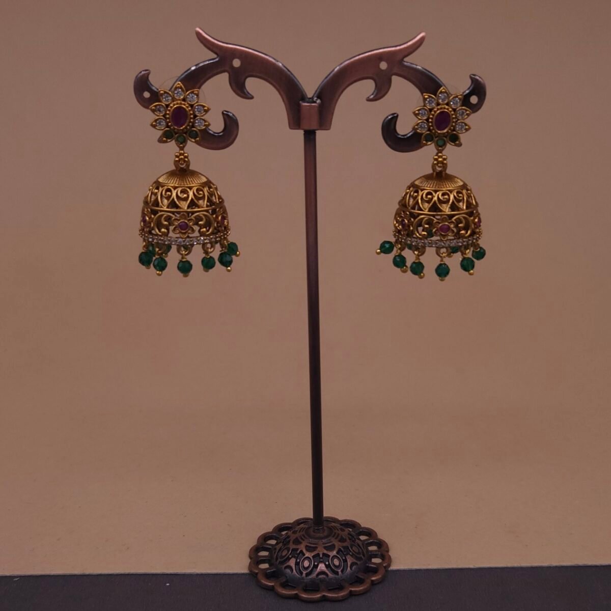 Handmade Brass Ruby Green Floral Jhumka Earrings - Anti-Tarnish