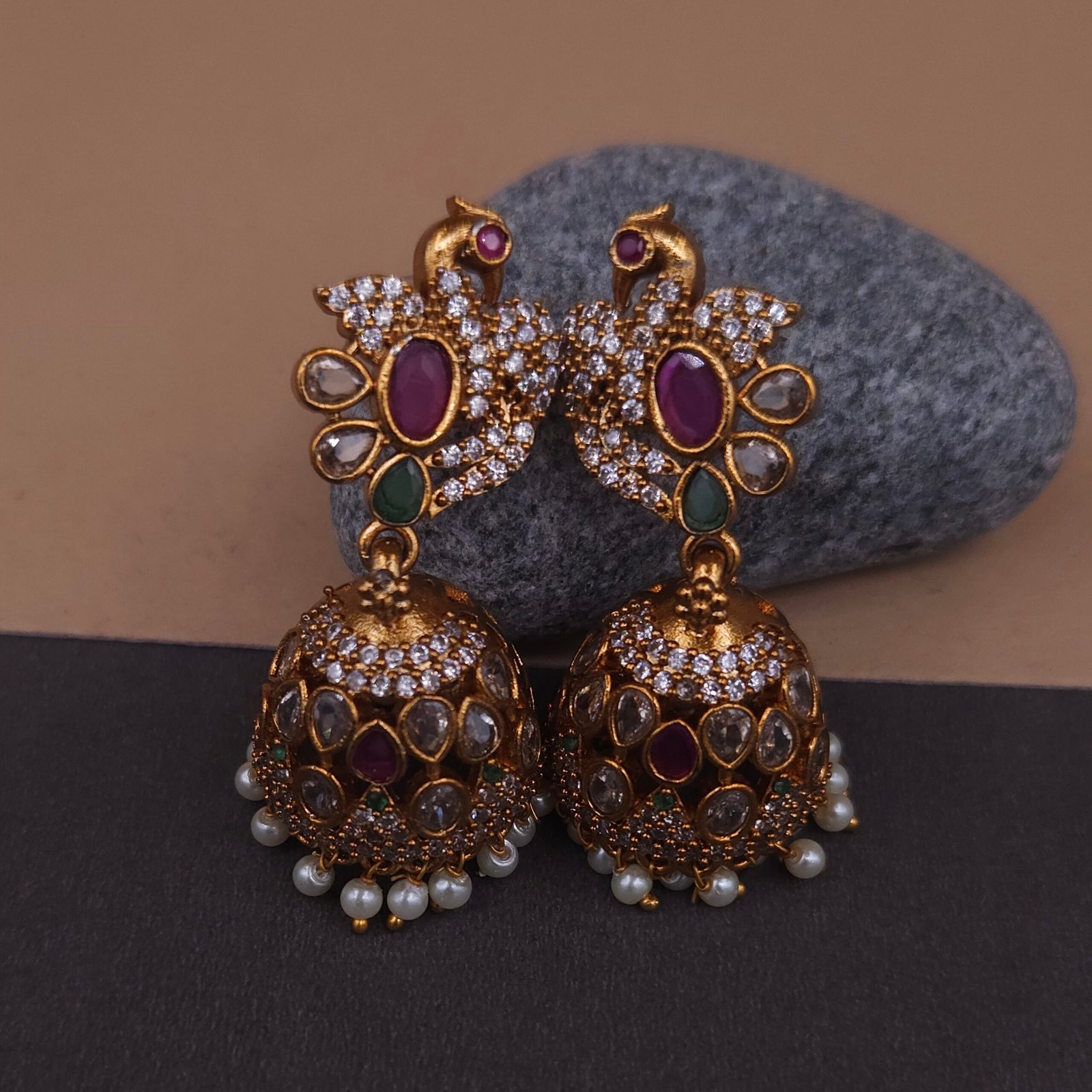 Handmade Brass Peacock Motif Kundan Pearl Jhumka Earrings - Anti-Tarnish Handmade Brass Peacock Motif Kundan Pearl Jhumka Earrings - Anti-Tarnish