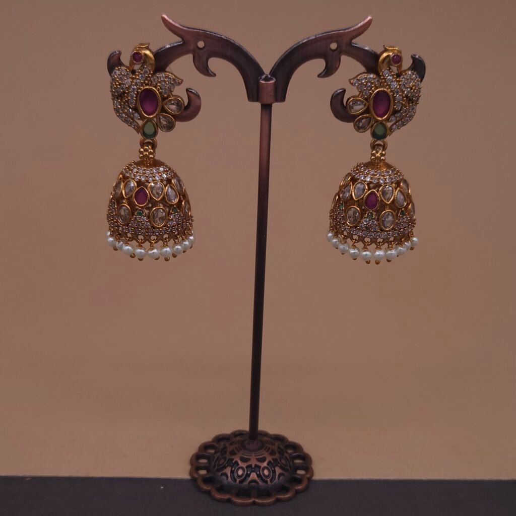 Handmade Brass Peacock Motif Kundan Pearl Jhumka Earrings - Anti-Tarnish