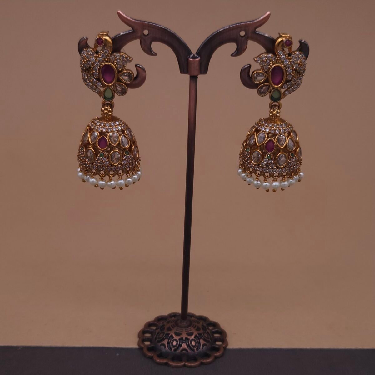 Handmade Brass Peacock Motif Kundan Pearl Jhumka Earrings - Anti-Tarnish