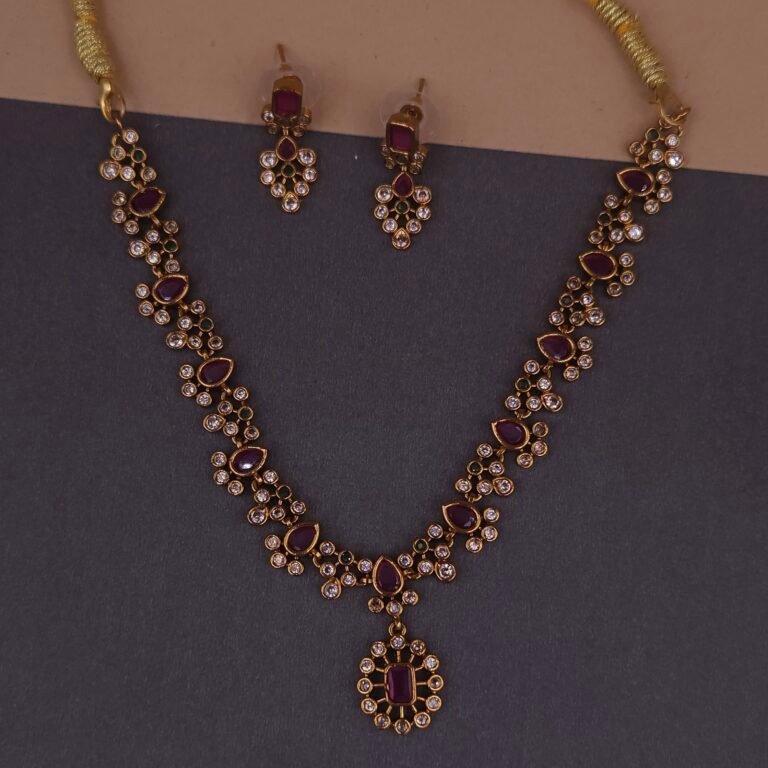 Handmade Brass Ruby Floral Motif CZ Necklace Set - Anti-Tarnish