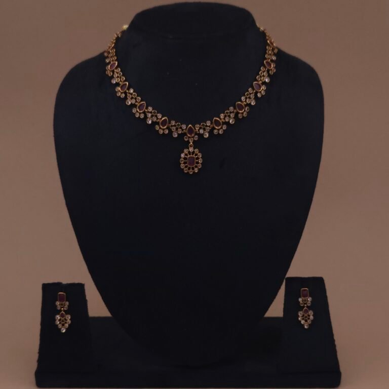 Handmade Brass Ruby Floral Motif CZ Necklace Set - Anti-Tarnish