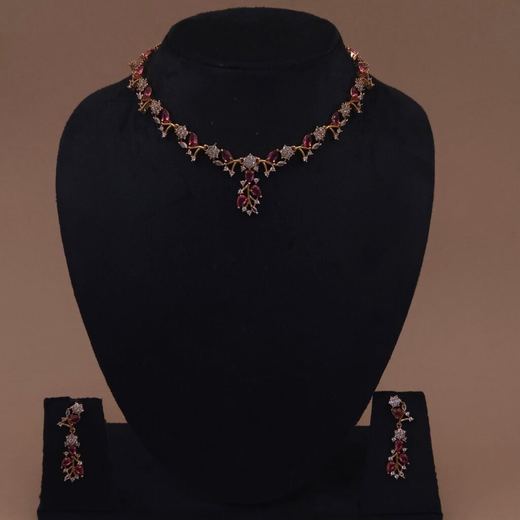 Handmade Brass Ruby Leaf Motif CZ Necklace Set - Anti-Tarnish