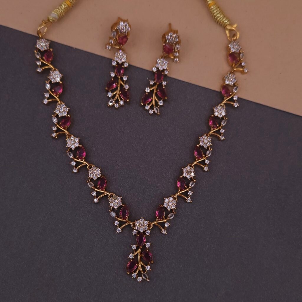 Handmade Brass Ruby Leaf Motif CZ Necklace Set - Anti-Tarnish